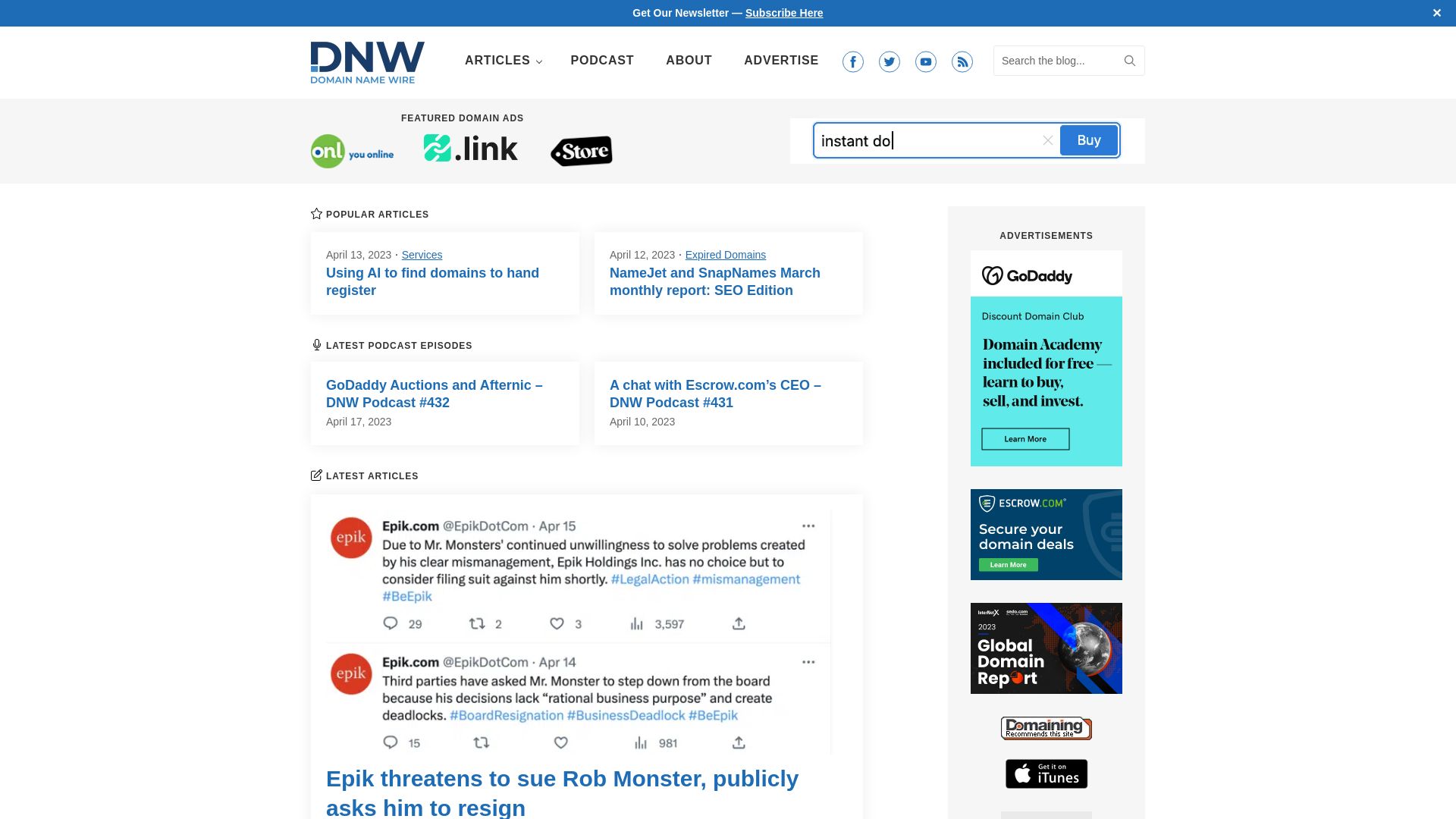 вебсайт domainnamewire.com Є   ONLINE