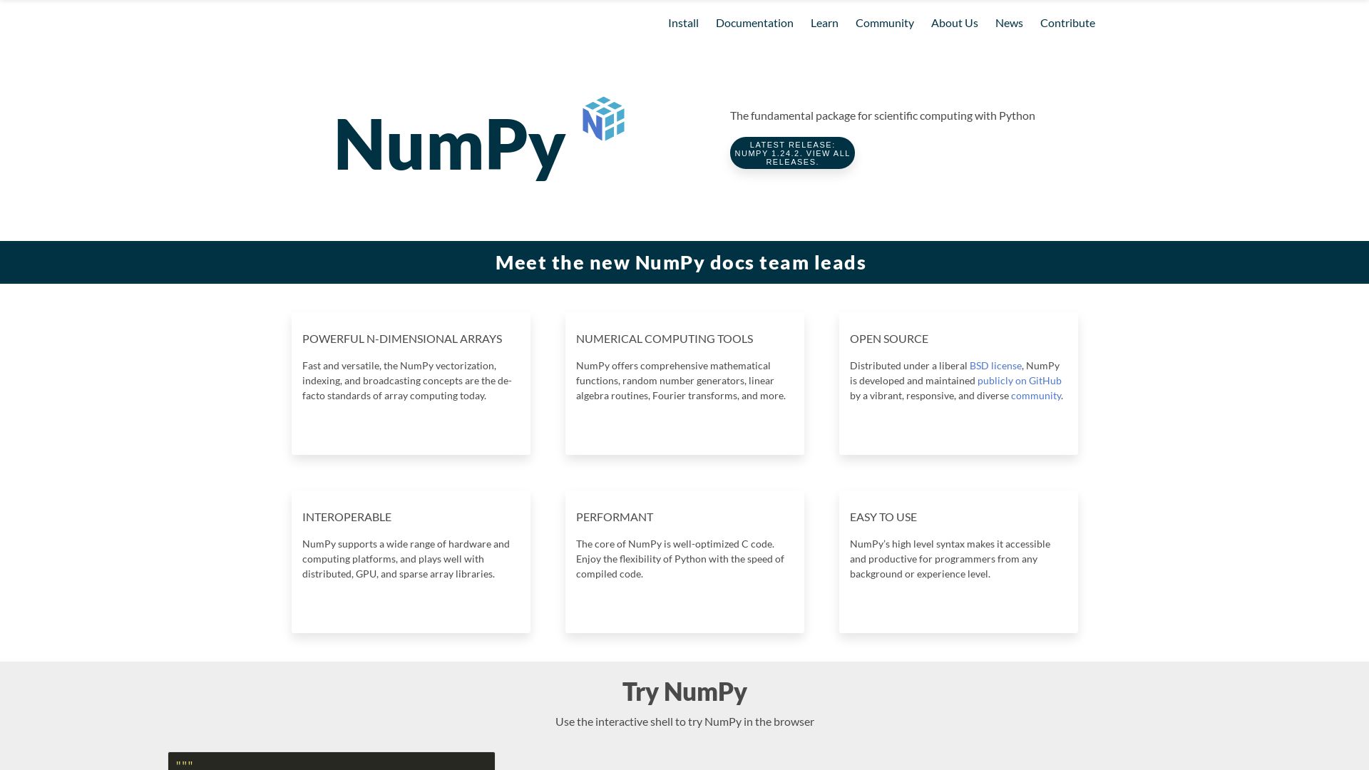 вебсайт numpy.org Є   ONLINE